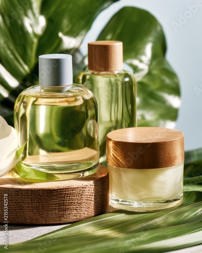 Bottles of oils and creams placed on a wooden stand surrounded by green leaves in a bright setting. Organic September