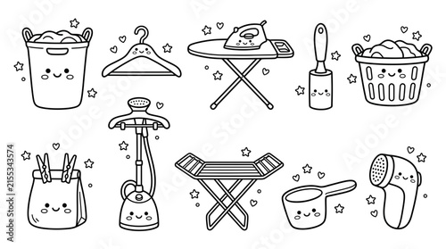 Cute laundry icons set with ironing board.