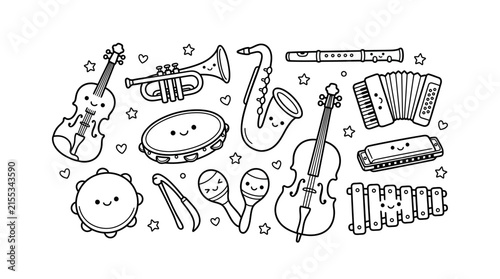 Cute musical instrument collection with smiling faces in line art.