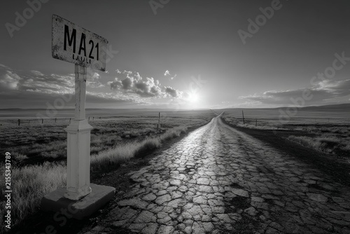Aged metal road sign reading ma21 stands beside cracked asphalt stretching toward distant horizon under setting sun in monochromatic desert landscape.