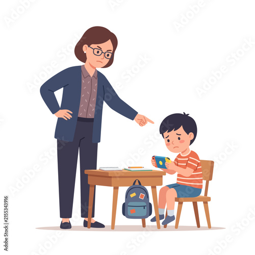 Teacher Reprimanding Student for Playing Games in Classroom Flat Vector Illustration