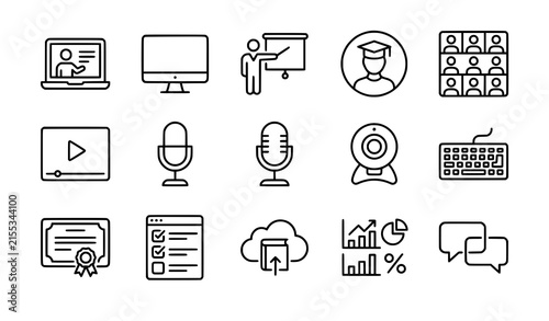 E learning technology outline icon set with online teacher laptop video classroom and digital education symbols