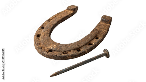 Foto Old rusty iron horseshoe isolated on a white background lucky charm symbol