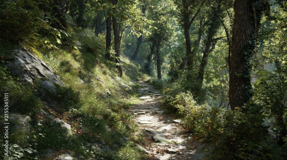 Fototapeta premium A serene trail winds through a lush, sunlit deciduous forest.