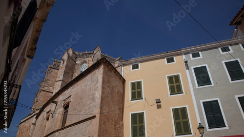 Historic Stone Archway and Cathedral in Old Town Square, Ciutadella,Menorca,Spain
