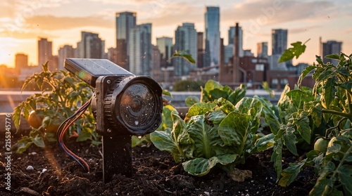 Smart Irrigation Sensor in Urban Rooftop Farm with City Skyline