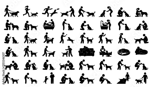 Dog and People Black Silhouette Activity Icon Collection Vector