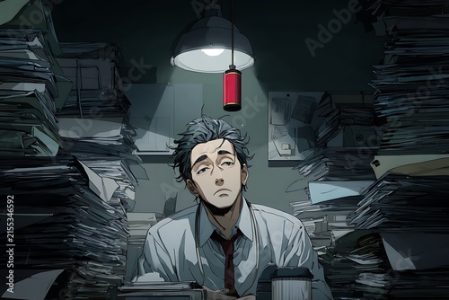 Overwhelmed office worker surrounded by stacks of paperwork, illuminated by a single lamp, conveying stress and pressure.