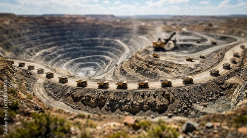 Large scale open pit iron ore mine operations with heavy machinery and dump trucks.