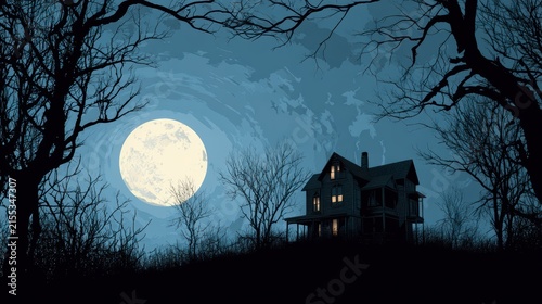 Classic haunted house silhouette against full moon and swirling eerie night sky with bare tree branches framing scene for spooky story covers seasonal event invitations and Halloween imagery concept.