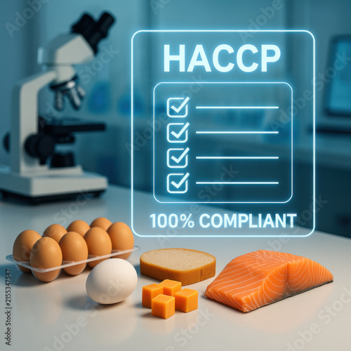 Futuristic food safety with glowing HACCP hologram showing compliant quality control. modern laboratory concept uses advanced technology for analysis of various food