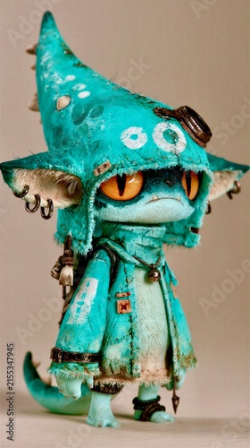 Small creature wearing a blue outfit stands with a curious expression in a simple indoor setting