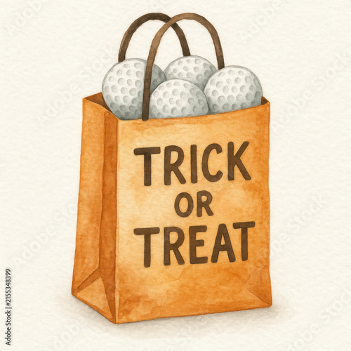 Funny watercolor illustration of trick or treat bag filled with golf balls. This humorous Halloween concept artwork playful and quirky surprise for special golfer
