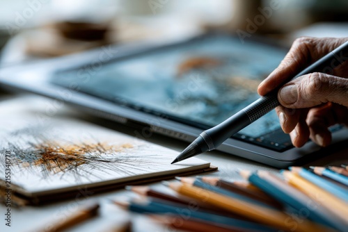 Traditional sketches beside digital drawing tablet
