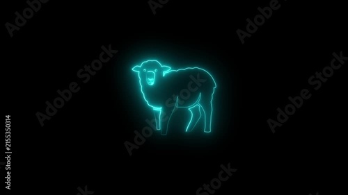Neon glowing sheep animation, cyan light outline of farm animal on black background, lamb