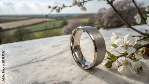 Brushed Stainless Steel Wedding Band on Marble Surface