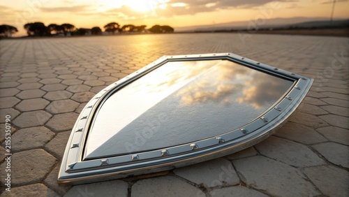 Chrome Hexagonal Shield Mirror Reflecting Sunset Sky and Clouds