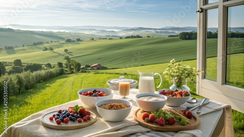 Countryside Farmhouse Breakfast Spread with Scenic Landscape View