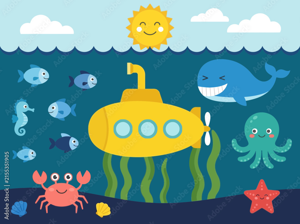 Obraz premium Cute Cartoon Underwater Scene with Yellow Submarine and Sea Creatures