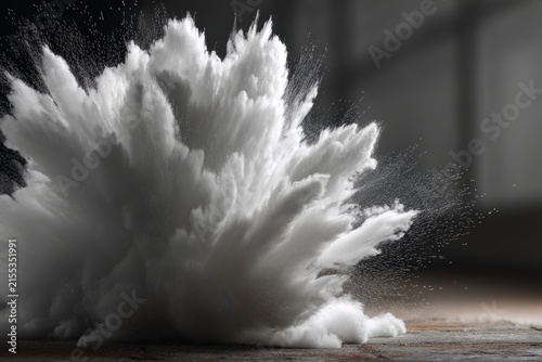 Explosion of white powder creating a dramatic burst of fine particles and dynamic texture on a ground level.