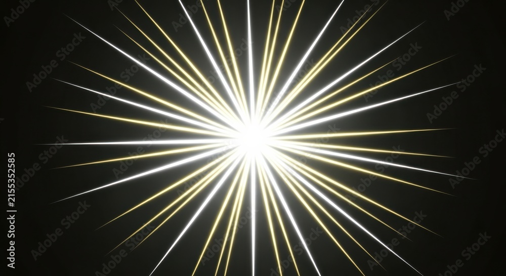 Fototapeta premium A bright starburst effect with radiating white and gold light beams emanating from a central point on a dark black background