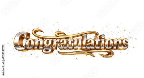 Gold Congratulations text isolated on white. Shiny 3D typography for celebration events.