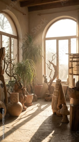 Sunlit art studio with pottery and arched windows.