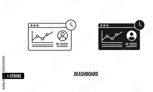 This image showcases a dashboard icon in both line art and solid black styles representing data visualization and user interface elements for