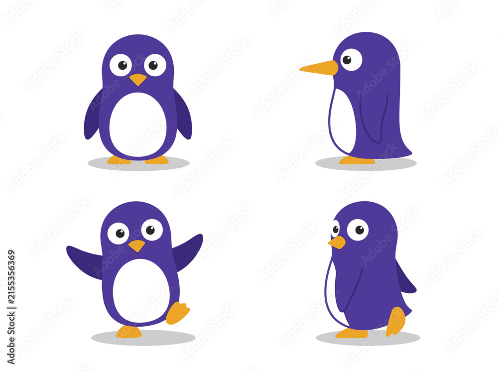 Obraz premium Purple Penguin Cartoon Character Set, Multiple Poses Vector Illustration