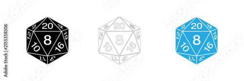 Set of three twenty sided dice icons in black outline and blue styles for tabletop gaming