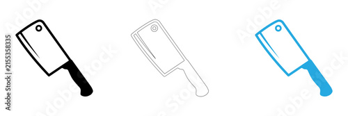Canvas Print Set of three meat cleaver icons in solid outline and blue line art styles for ki