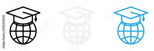 Set of three linear icons representing global education with a graduation cap on a world globe
