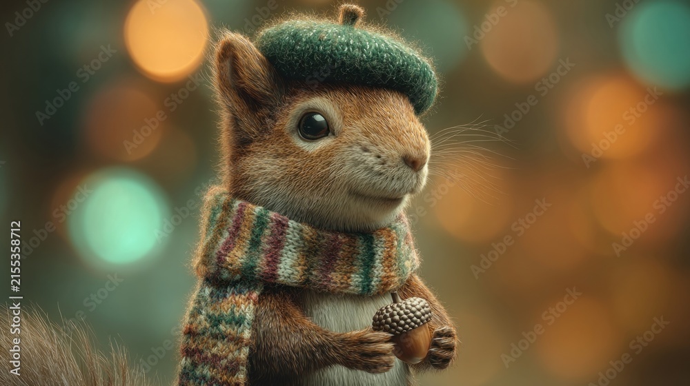 Obraz premium Cute squirrel in cozy scarf and beret with soft bokeh lights