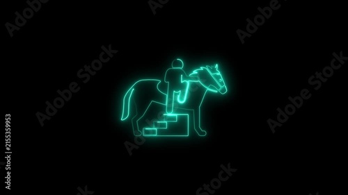 Neon glowing horseback rider animation: equestrian sport and animal care concept