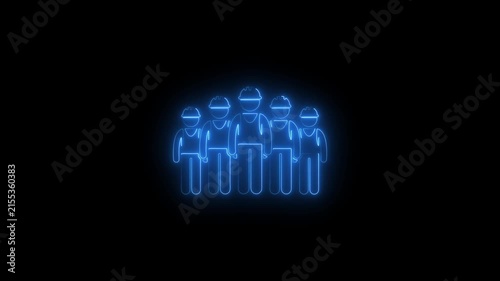 Neon construction team animation: glowing blue workers symbol for industrial engineering and project management concepts