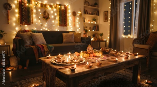 Cozy living room decorated for diwali festival with glowing diyas and fairy lights