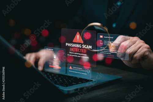 Phishing scam detection with suspicious email, fake login page and malicious link alerts, representing cyber fraud prevention, credential protection and online security.
