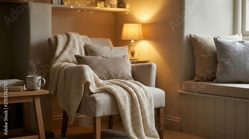 Cozy armchair with warm lamp and knit blanket.