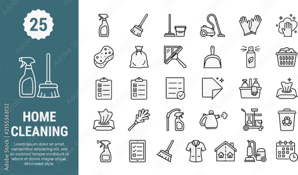 Fototapeta premium Comprehensive collection of twenty five minimalist home cleaning service line icon set with representing various household cleaning tools maintenance