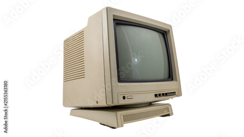 Old vintage beige computer monitor isolated on transparent background for retro technology history