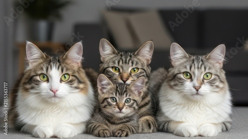 Four Beautiful Cats Posing Together Indoors