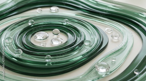 Abstract green glass ripples with crystal water droplets, elegant concentric glass waves texture, modern artistic glass sculpture background
