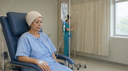 Female cancer patient with beige headscarf receiving intravenous chemotherapy treatment seated in blue hospital recliner while nurse adjusts IV pole in bright clinical room background.