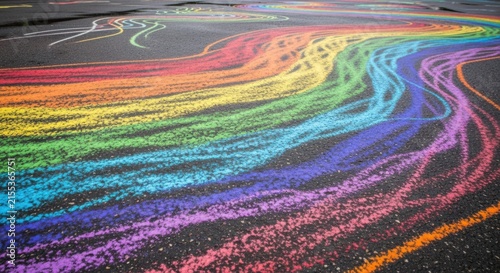 Colorful rainbow chalk on asphalt ground showing curved lines and vibrant streaks of red, orange, yellow, green, blue, and purple pigments