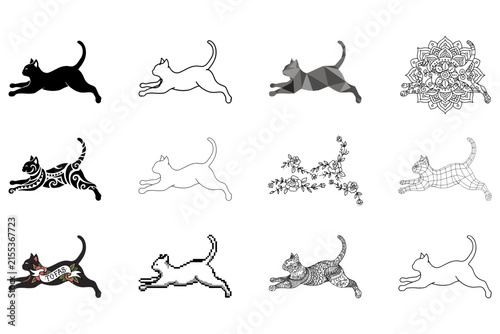 Set of twelve stylized jumping cat silhouettes and on a white background