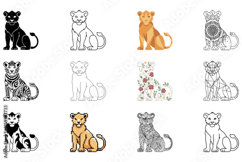 Set of twelve stylized lion cub in various artistic styles