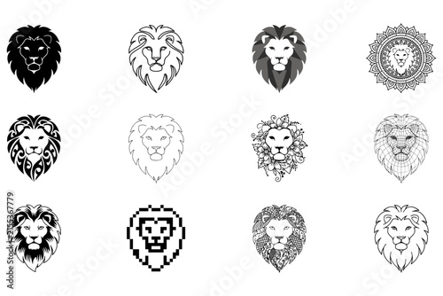 Set of twelve stylized lion head silhouettes and line