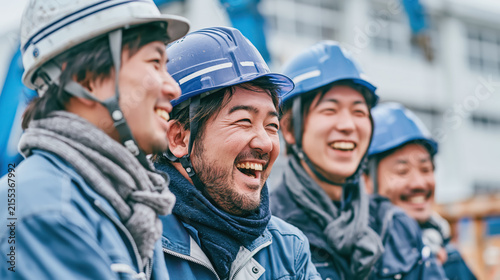 Construction worker hard hat smiling men teamwork site safety Japan helmet cheerful