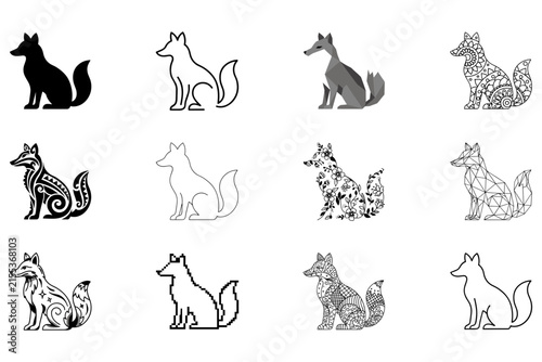Set of twelve stylized sitting fox silhouettes and line
