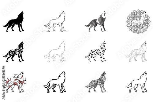 Set of twelve howling wolf silhouettes in various artistic styles